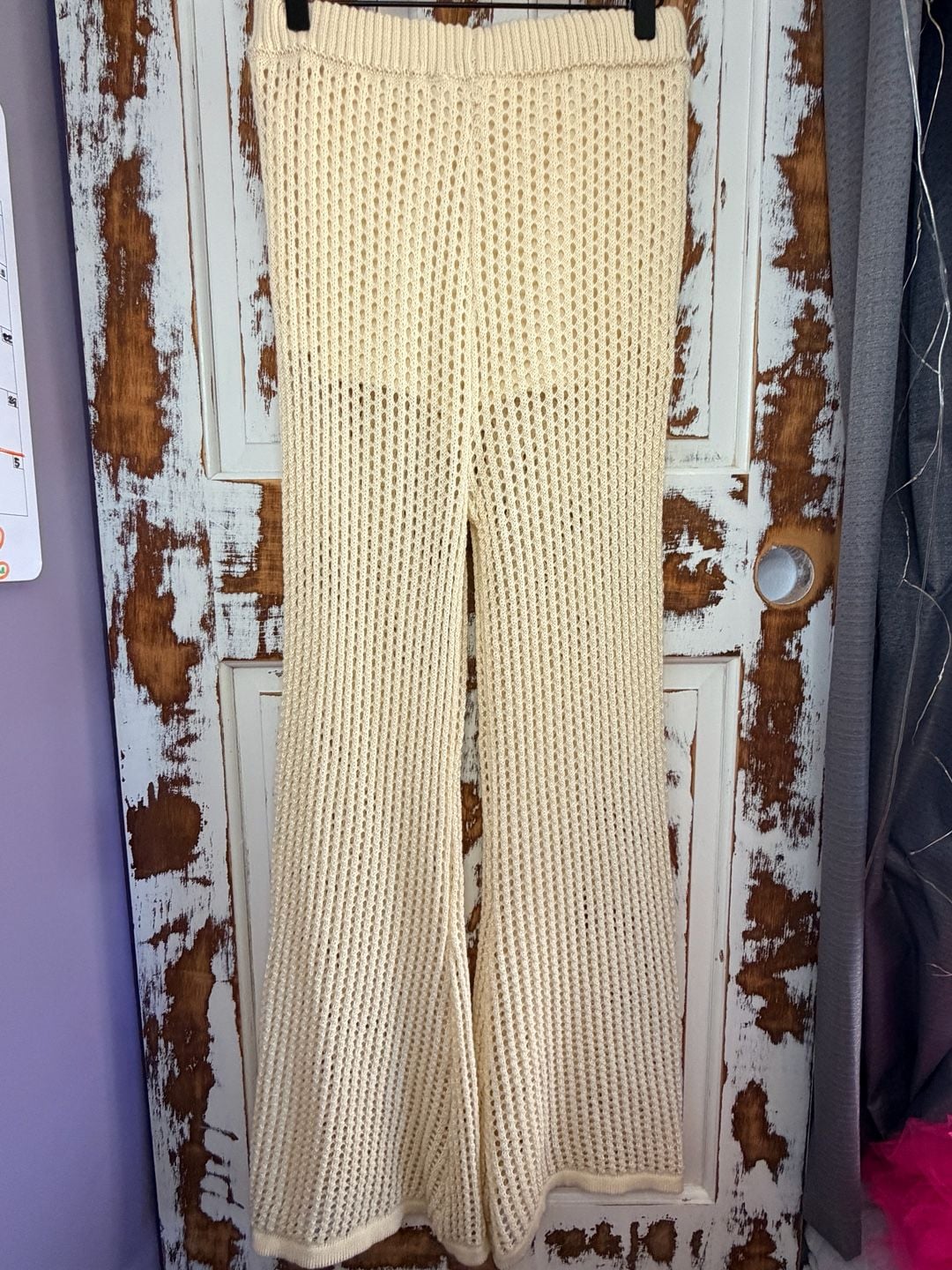 Earthbound Trading Co Open Knit Wide Leg Pants Size S Cream Boho Resort 3