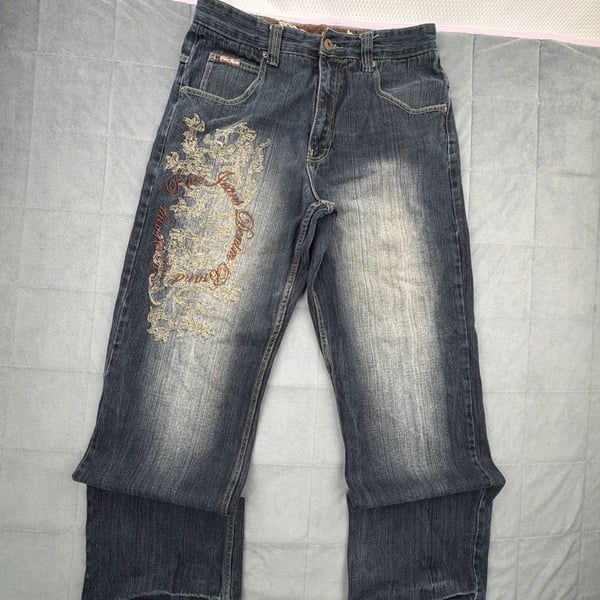 Paco Jeans Embroidered Baggy Dark Wash Denim Pants Y2K distressed
