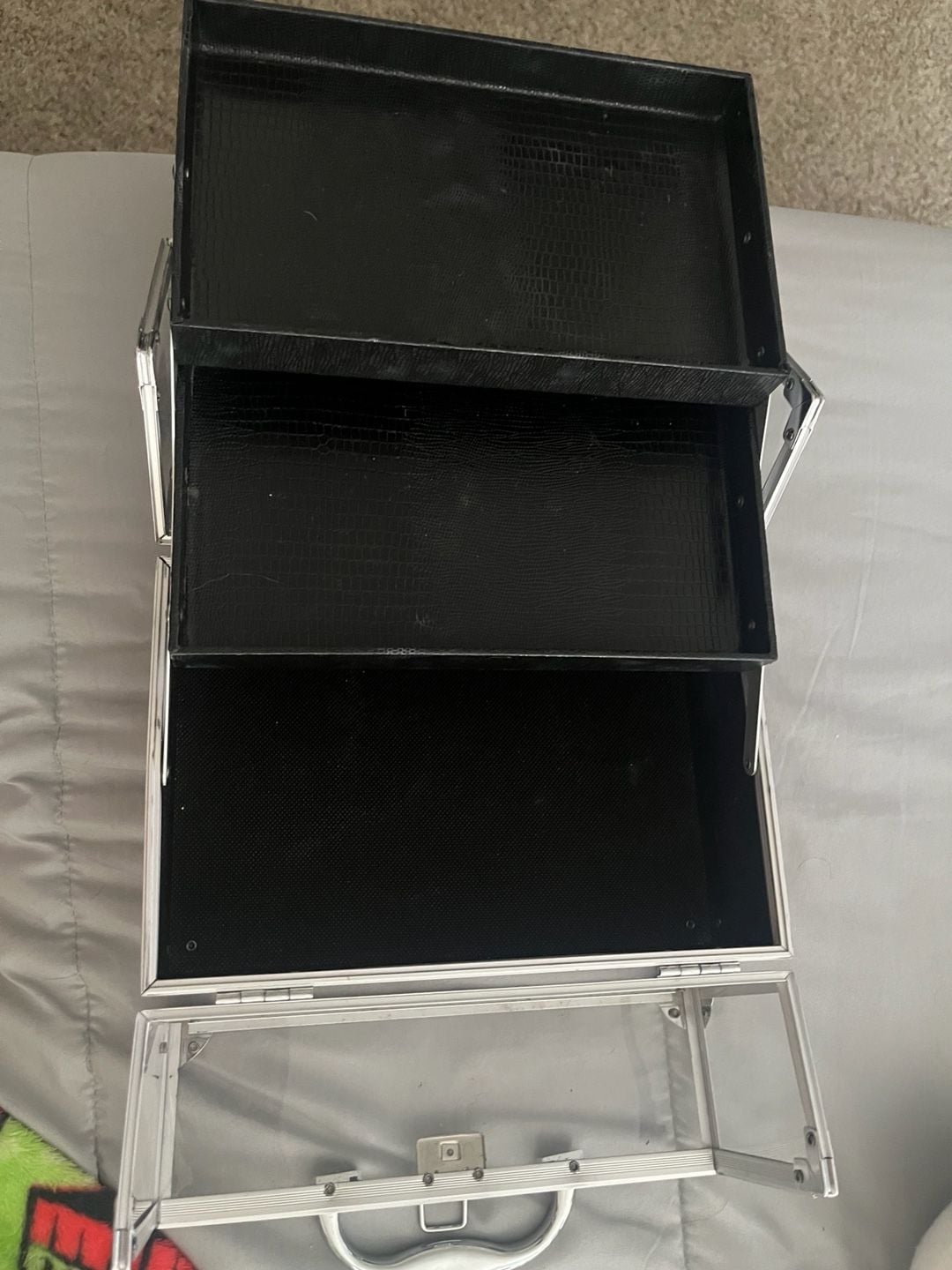 Clear Makeup Organizer Train Case with Black Crocodile Texture Interior Trays 2