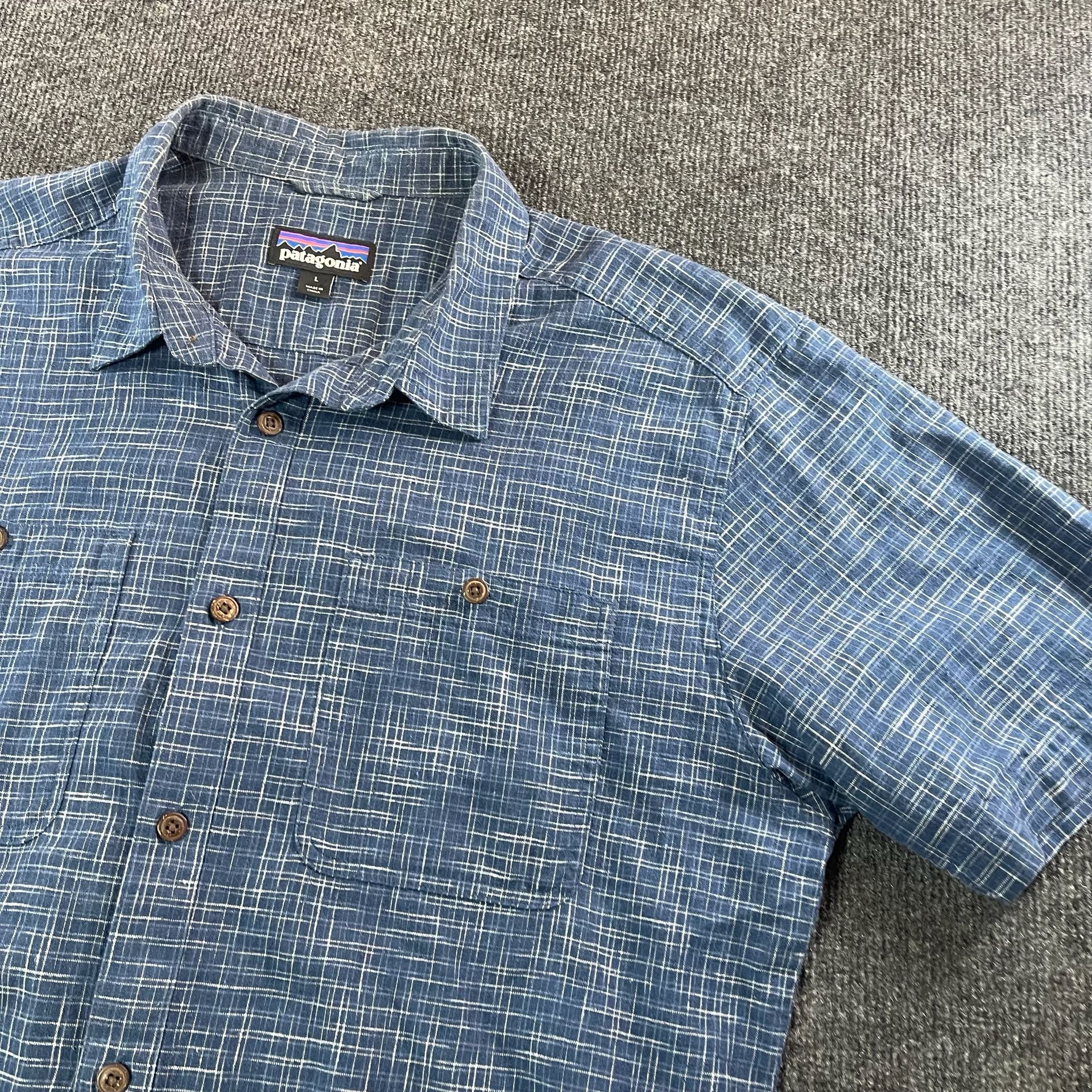 Patagonia Back Step Shirt Size L Blue Plaid Short Sleeve Button Down 2