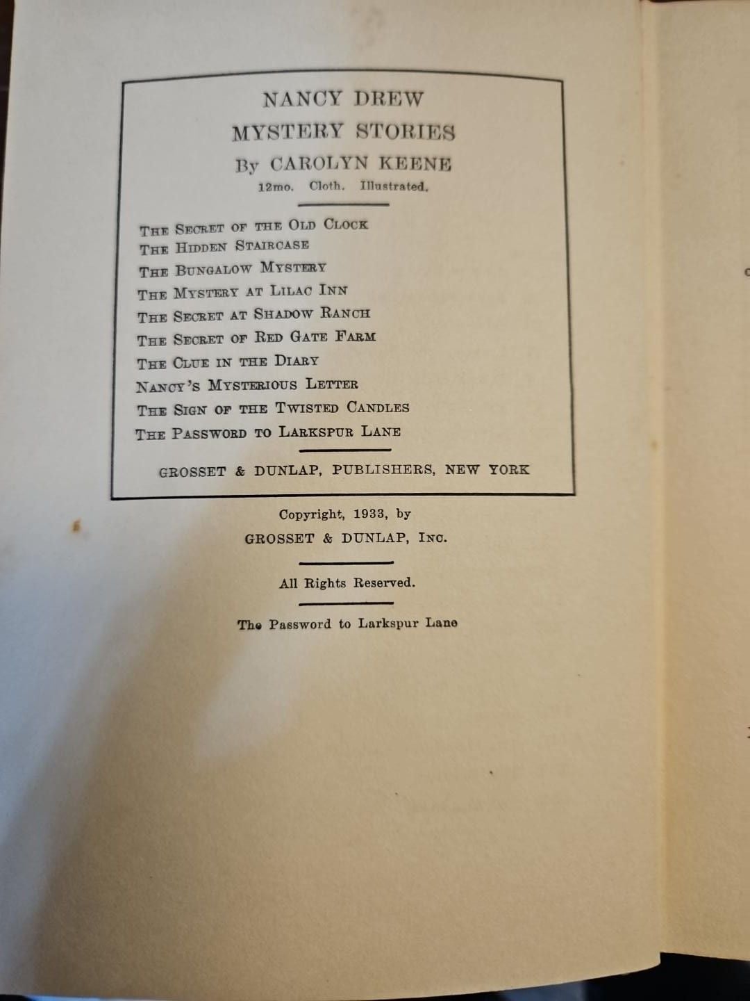 Nancy Drew Password to Larkspur Lane 1933 Early Printing Blue Orange Silhouette hardcover 2