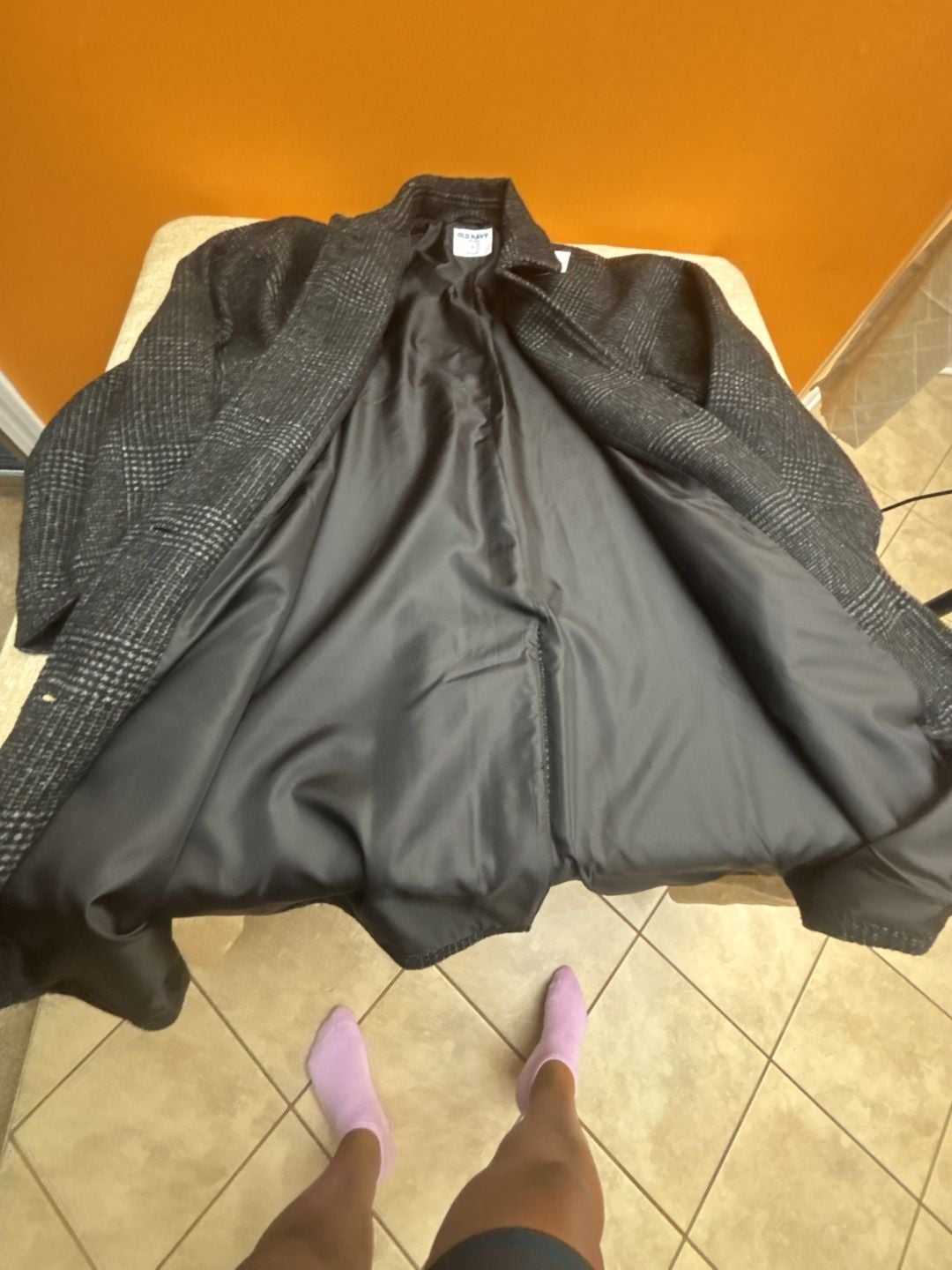 Old Navy Car Coat Size XL Black and White Plaid Wool Blend Jacket 7