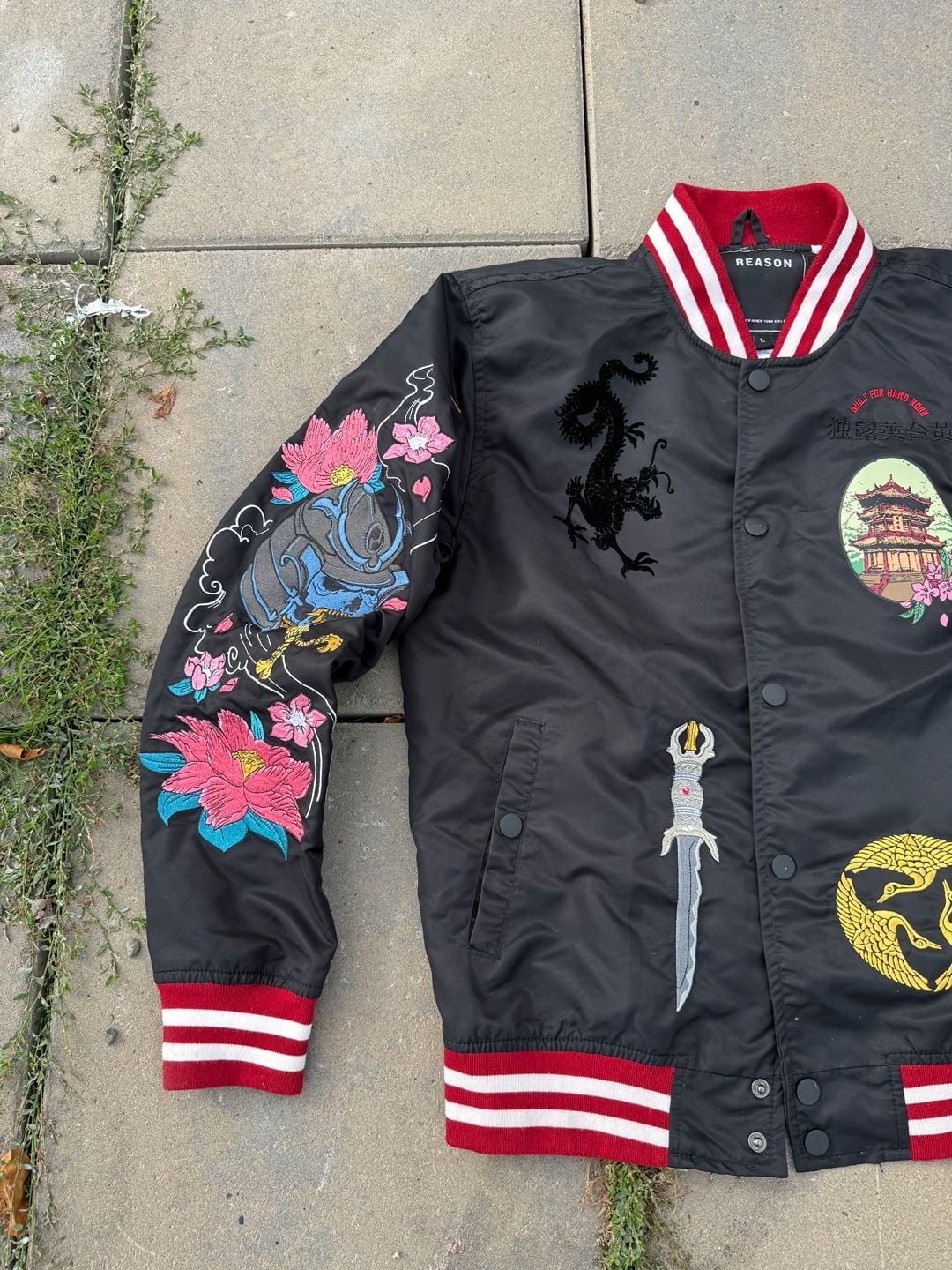 Reason The Katana Bomber Jacket Size L Black Japanese Embroidery 8
