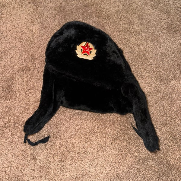 Vintage Russian Soviet Army Ushanka Winter Hat Size 59 Black Faux Fur