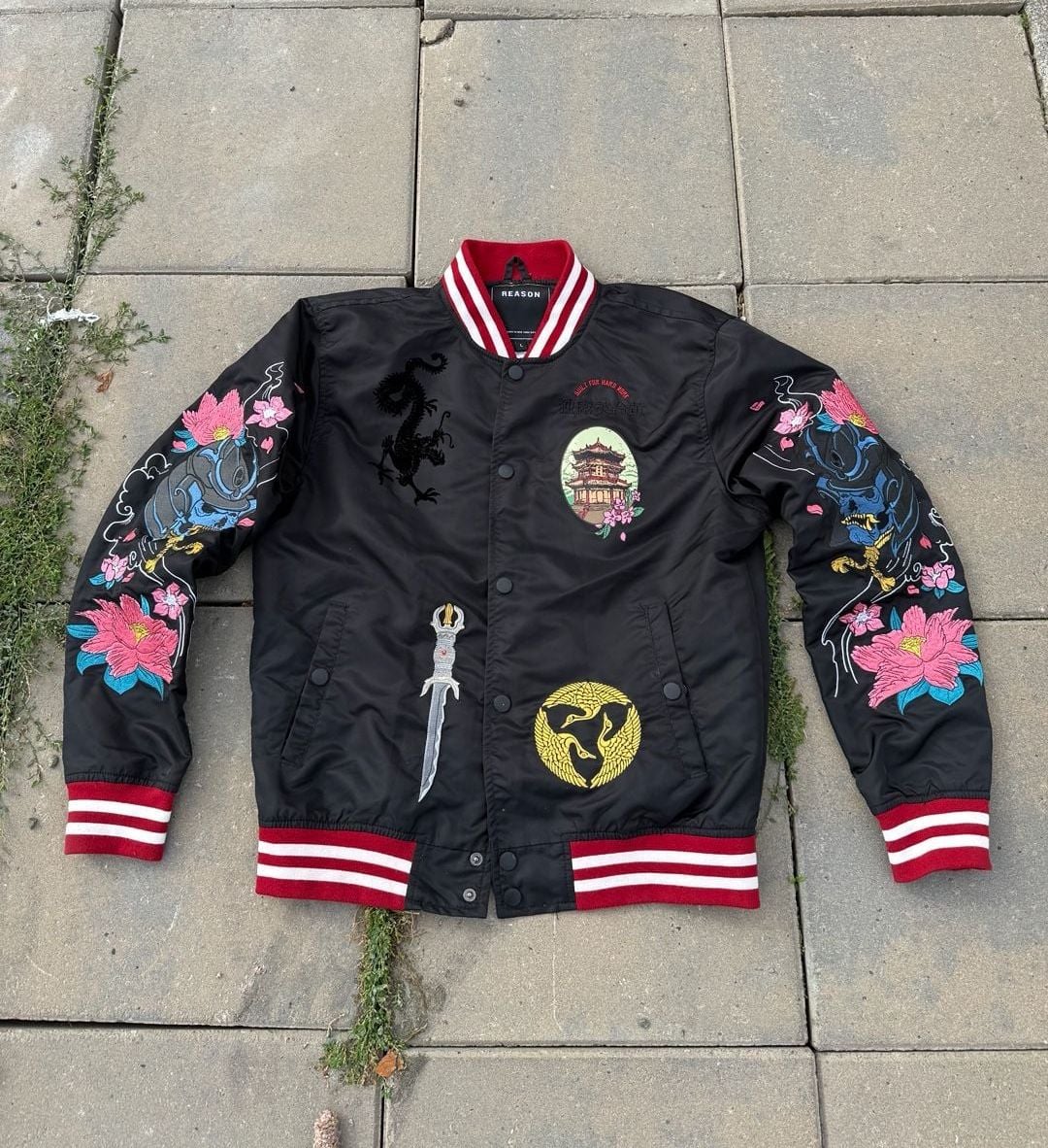 Reason The Katana Bomber Jacket Size L Black Japanese Embroidery 2