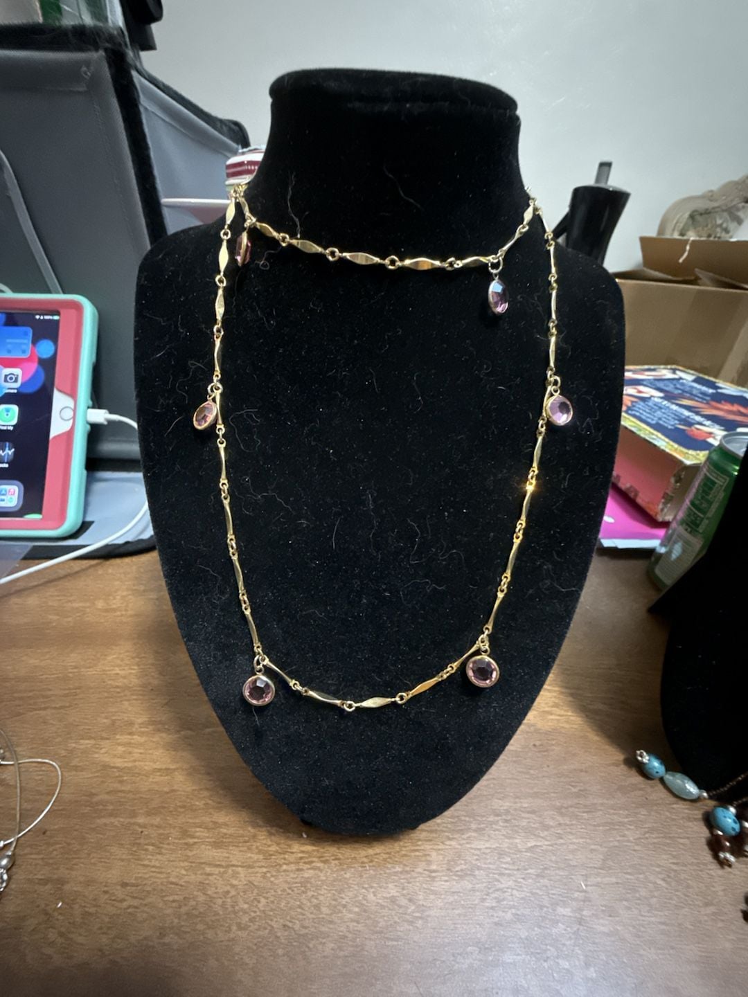 Vintage Gold Plated Amethyst Station Necklace with Pink Gemstones 3
