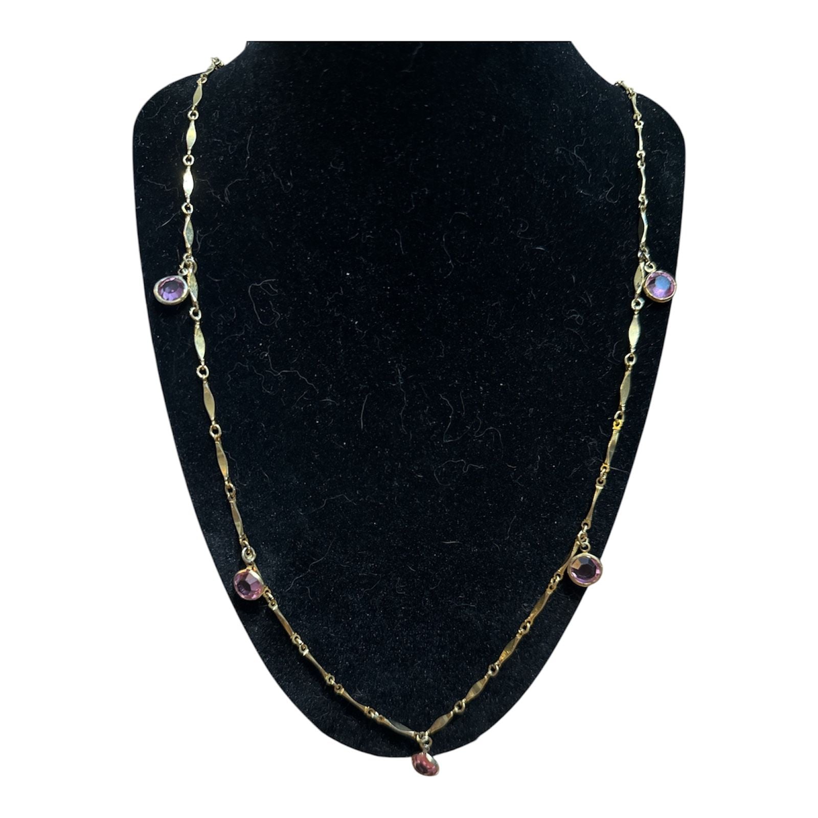 Vintage Gold Plated Amethyst Station Necklace with Pink Gemstones 2