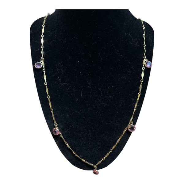 Vintage Gold Plated Amethyst Station Necklace with Pink Gemstones