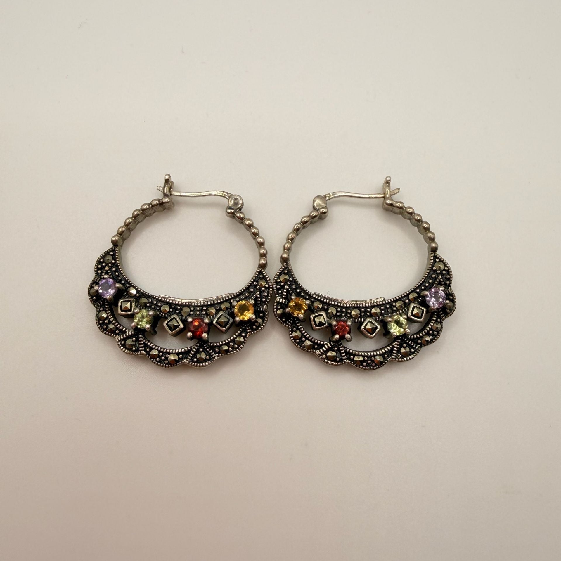 Sterling Silver 925 Multi Gemstone Marcasite Hoop Earrings 12g 2