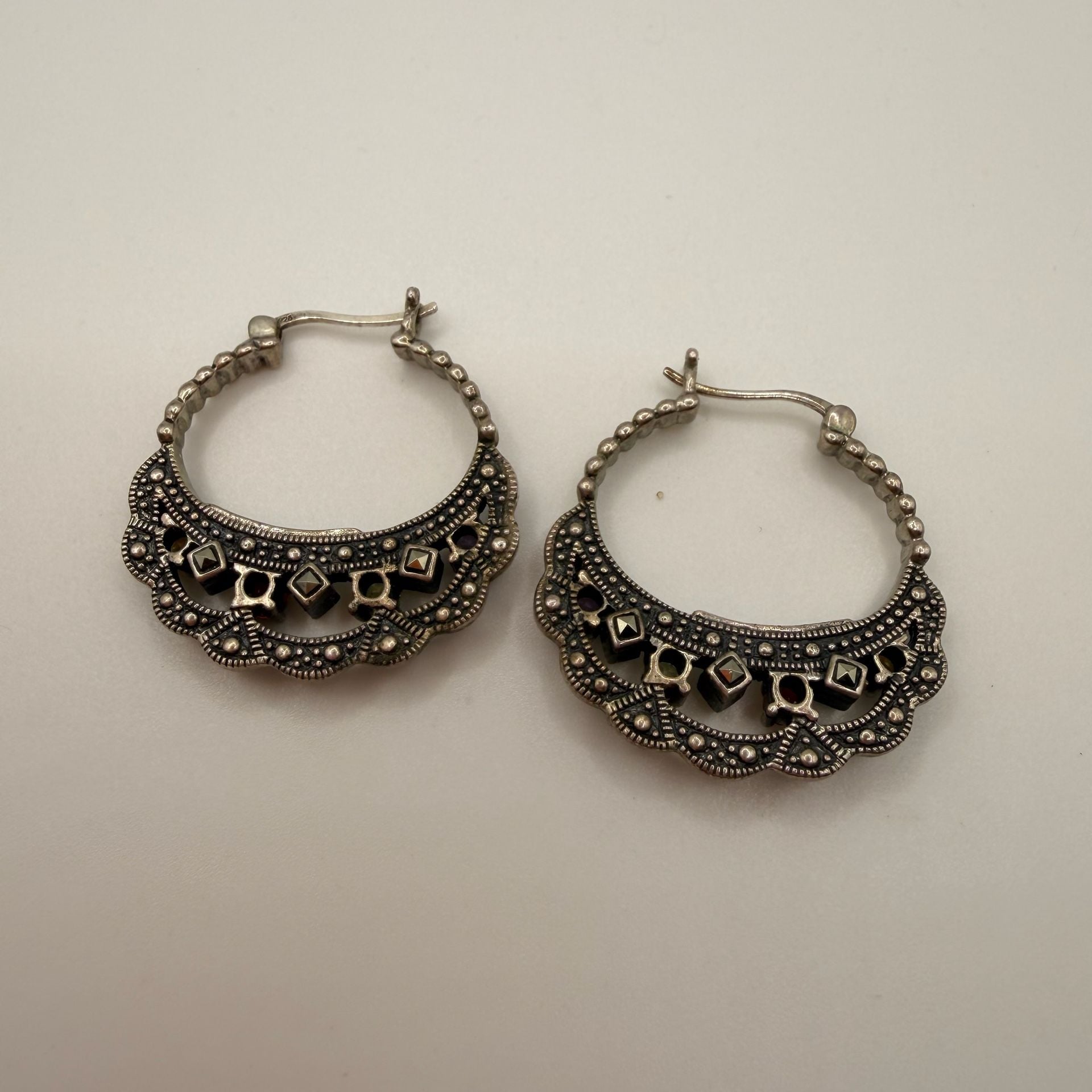 Sterling Silver 925 Multi Gemstone Marcasite Hoop Earrings 12g 3