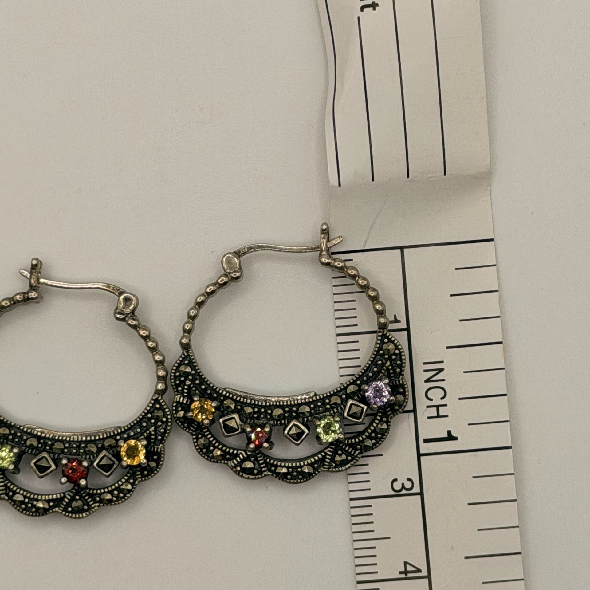 Sterling Silver 925 Multi Gemstone Marcasite Hoop Earrings 12g 5