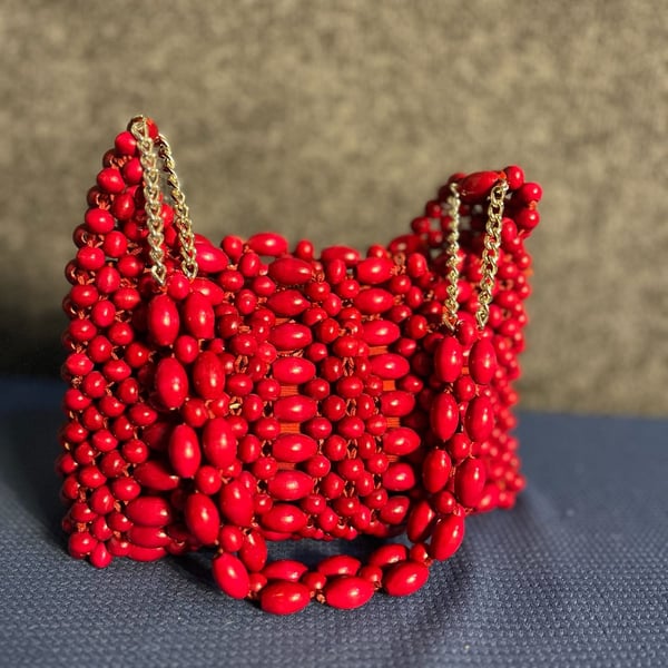 Vintage Red Wooden Bead Handbag Made in Japan 003-169