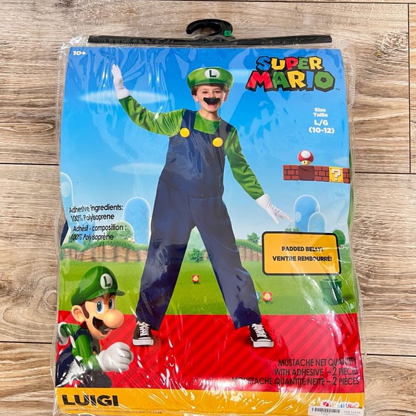 Disguise Super Mario Luigi Deluxe Costume Size L/G (10-12) Mustache Missing 
