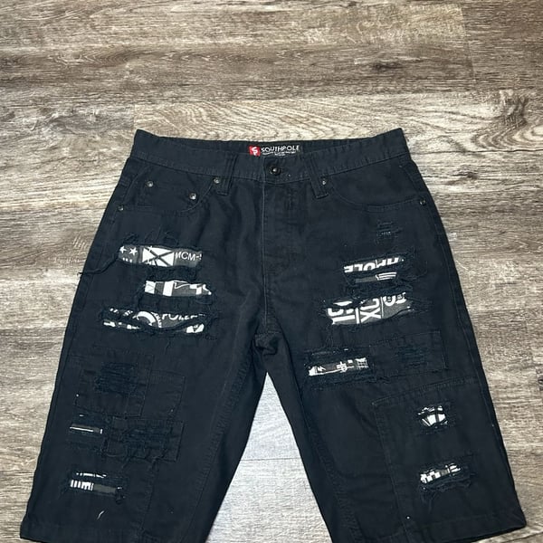 Southpole Denim Shorts Size 32 Black Distressed Patchwork Jorts