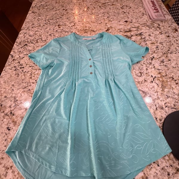 Notations Short Sleeve Embroidered Yoke Blouse Size S Turquoise