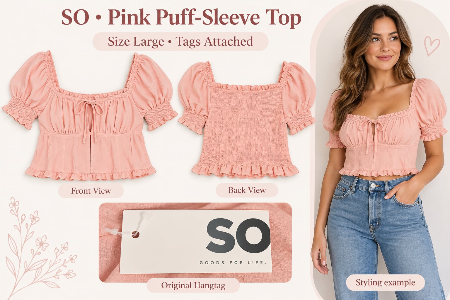 NWT SO Pink Puff Sleeve Crop Top Large Smocked Back Tie Front Ruffle Blouse 1