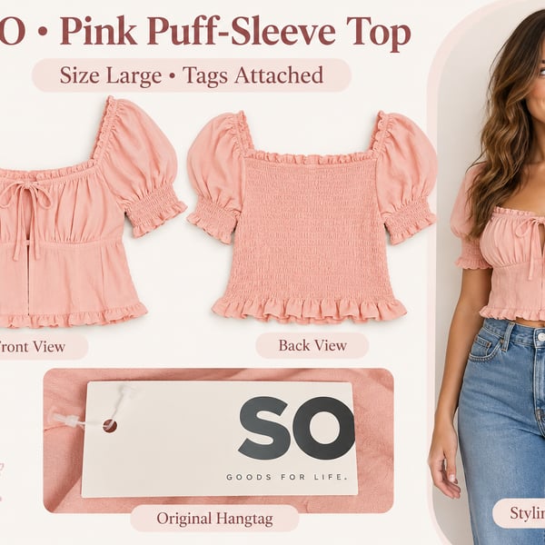NWT SO Pink Puff Sleeve Crop Top Large Smocked Back Tie Front Ruffle Blouse
