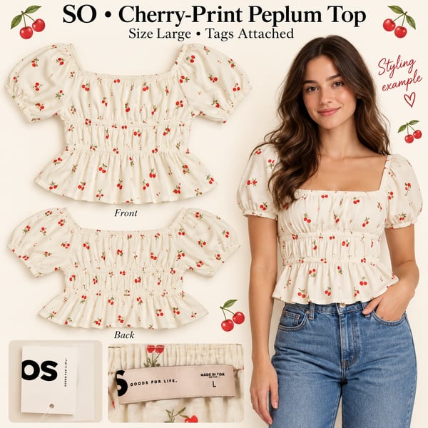 NWT SO Cherry Print Peplum Top Large Ivory Puff Sleeve Shirred Blouse
