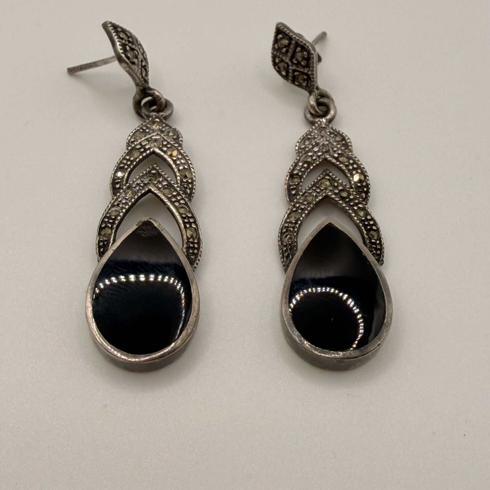 Vintage Sterling Silver Black Onyx And Marcasite Earring And Pendant Set 2