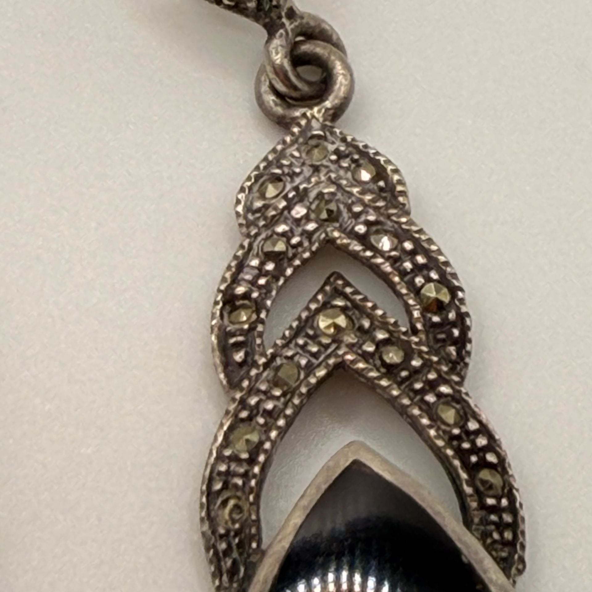 Vintage Sterling Silver Black Onyx And Marcasite Earring And Pendant Set 3