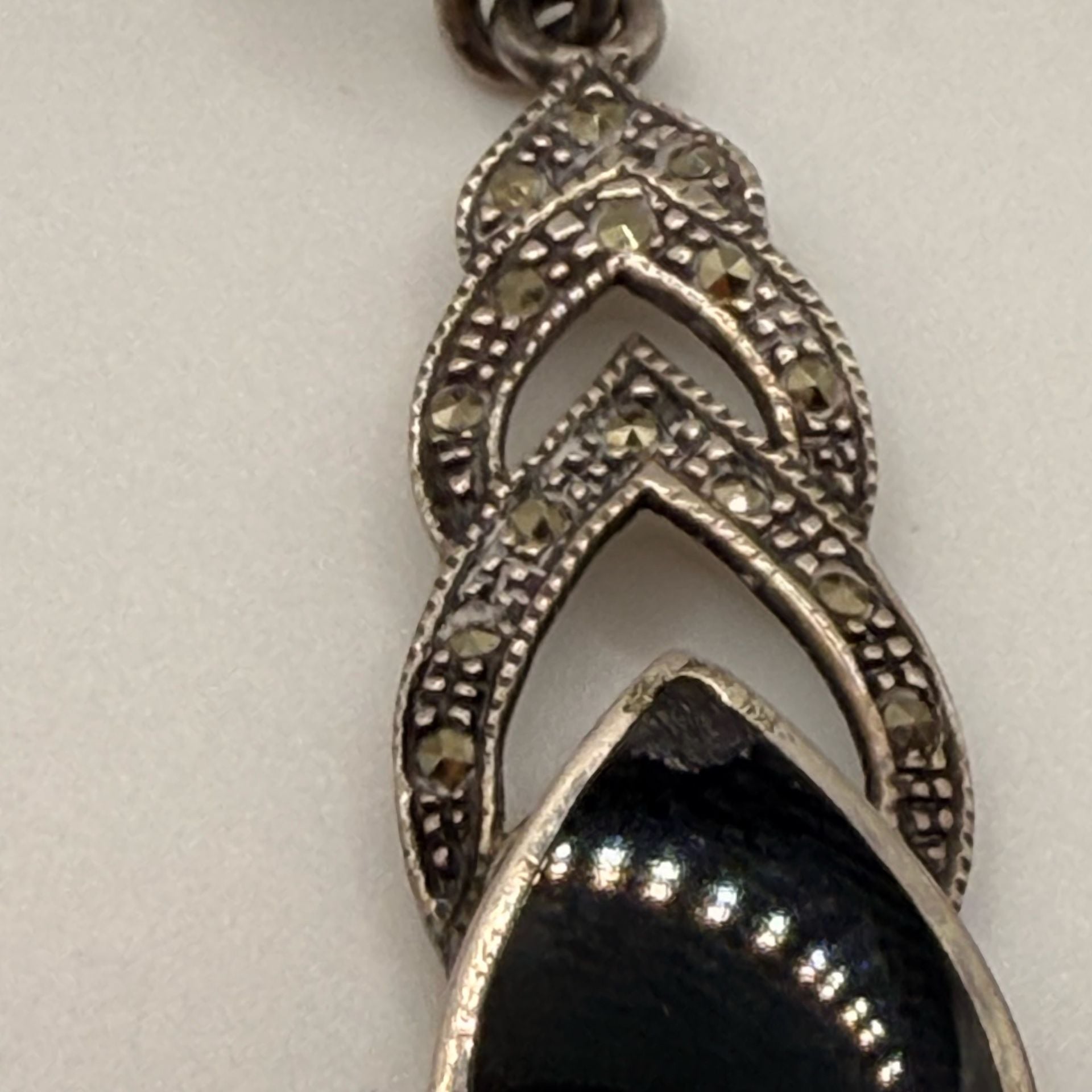Vintage Sterling Silver Black Onyx And Marcasite Earring And Pendant Set 6