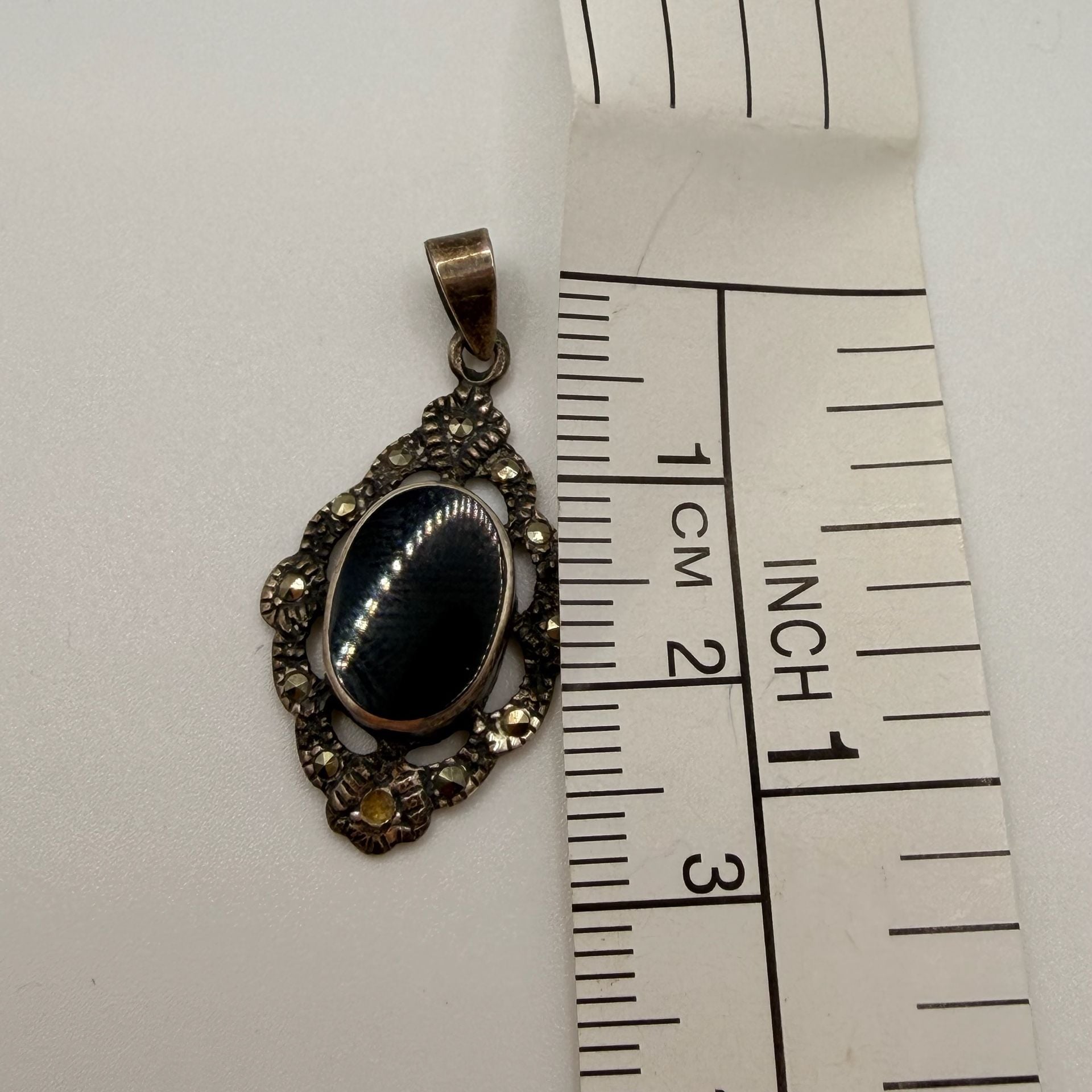 Vintage Sterling Silver Black Onyx And Marcasite Earring And Pendant Set 11