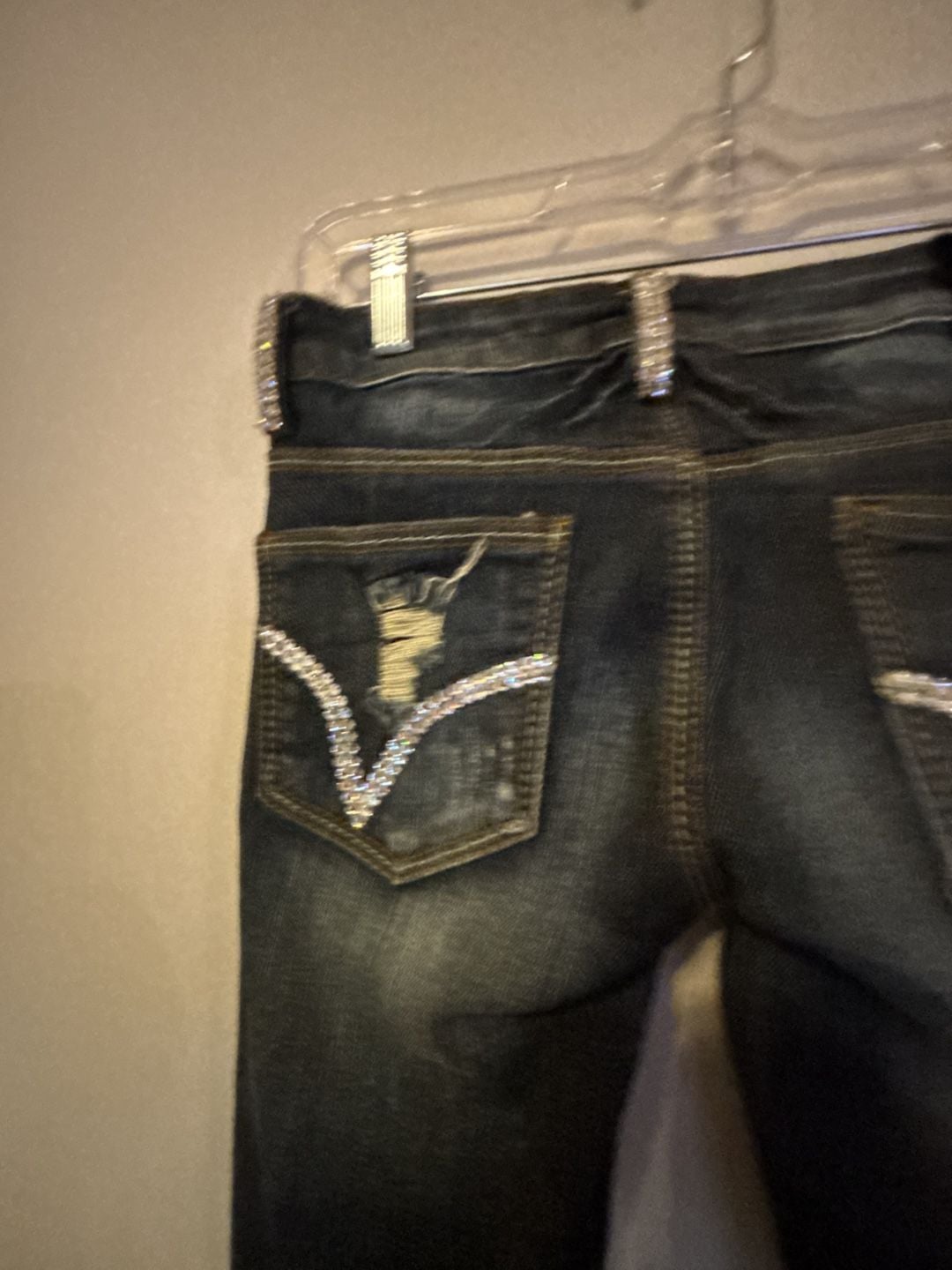 Y2K Maestro Couture Dark Wash Rhinestone Embellished Distressed Jeans Size 26x30 7