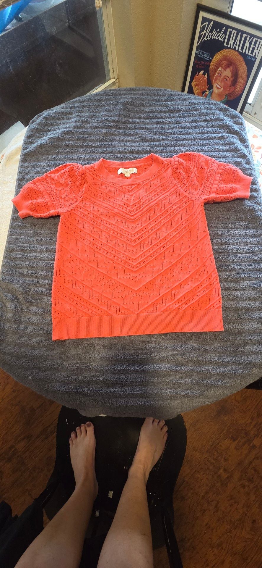 LOFT Short Sleeve Pointelle Sweater Size S Coral 2