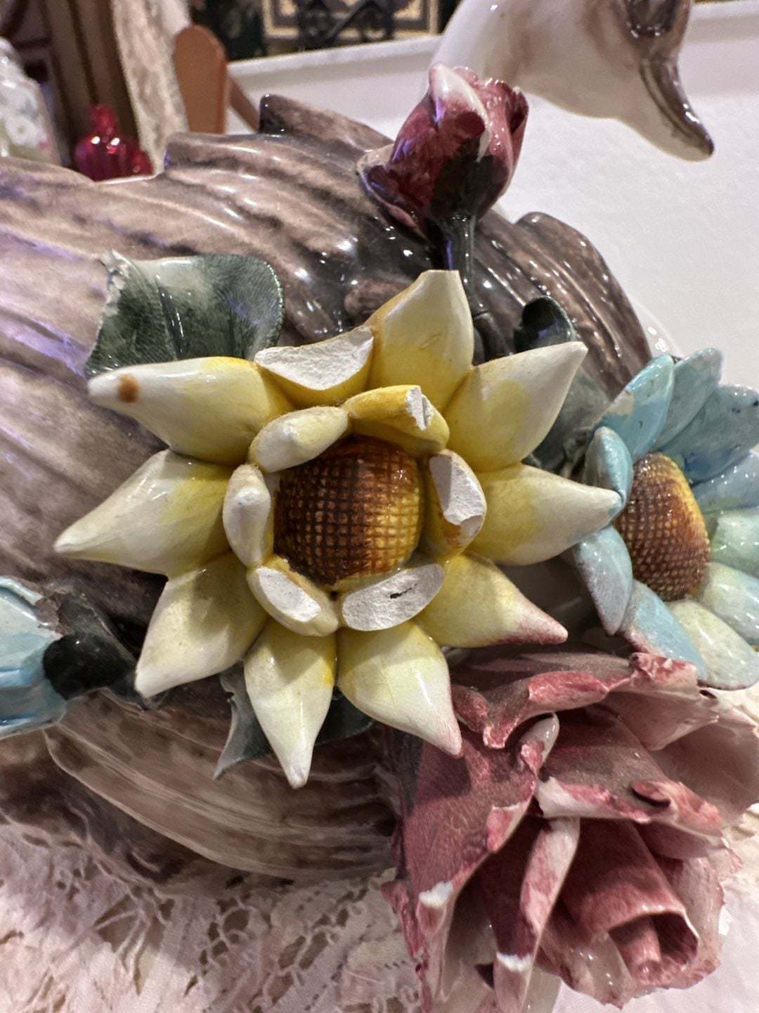 Capodimonte Style Ceramic Swan Flower Planter Centerpiece/Flower Frog 4