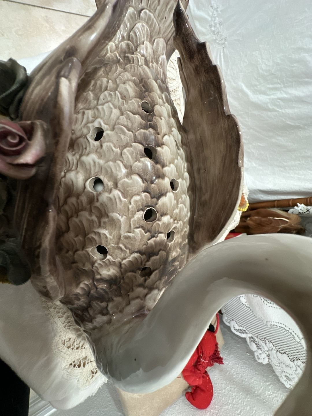 Capodimonte Style Ceramic Swan Flower Planter Centerpiece/Flower Frog 10