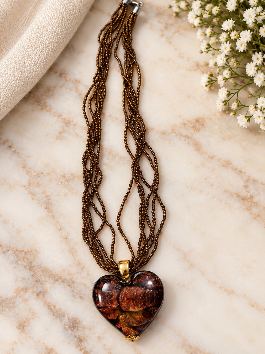 Art Glass Vintage Heart Necklace Brown Multi Beaded Pendant 2