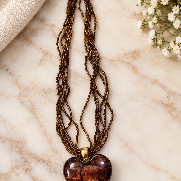 Art Glass Vintage Heart Necklace Brown Multi Beaded Pendant