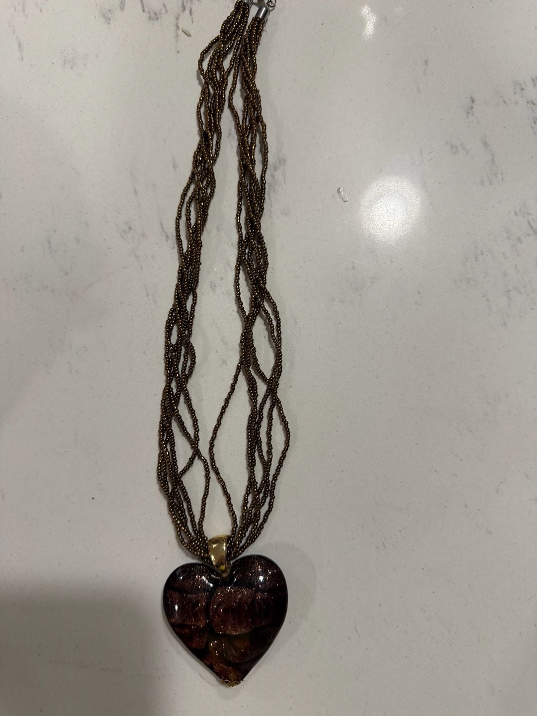 Art Glass Vintage Heart Necklace Brown Multi Beaded Pendant 4