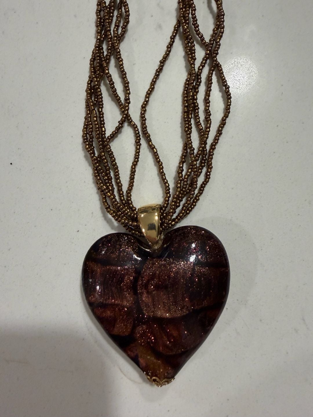 Art Glass Vintage Heart Necklace Brown Multi Beaded Pendant 5