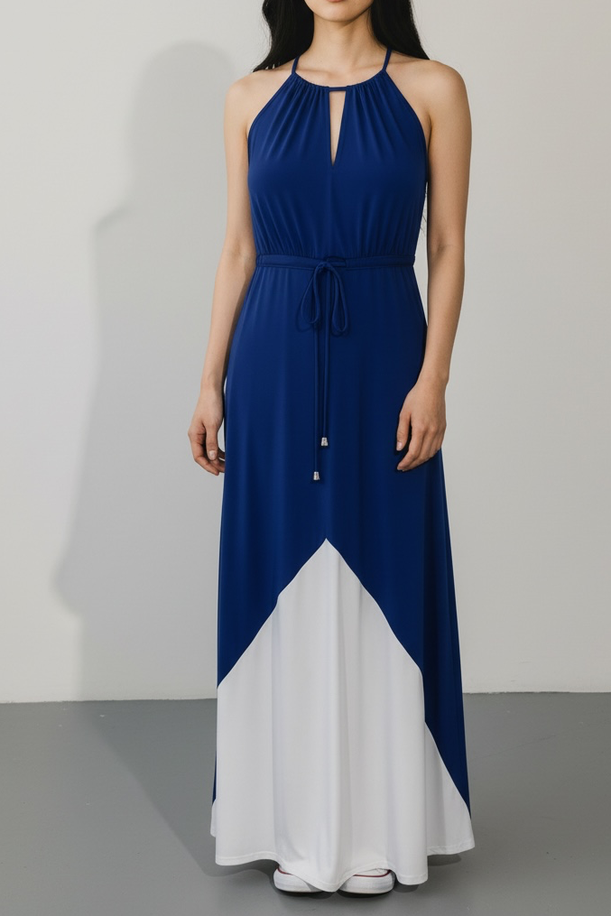 Boston Proper Halter Maxi Dress Size 12 CobaltBlue White Colorblock 11