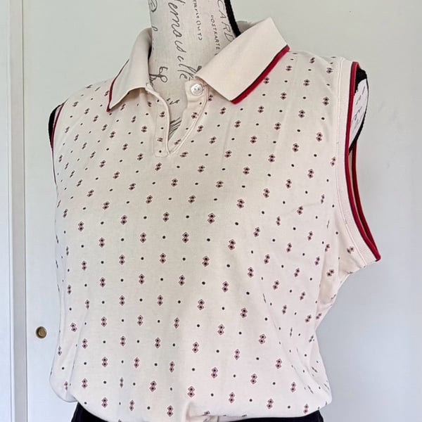 Lizgolf Women’s Sleeveless Polo Cream Geometric Print Golf Shirt Medium