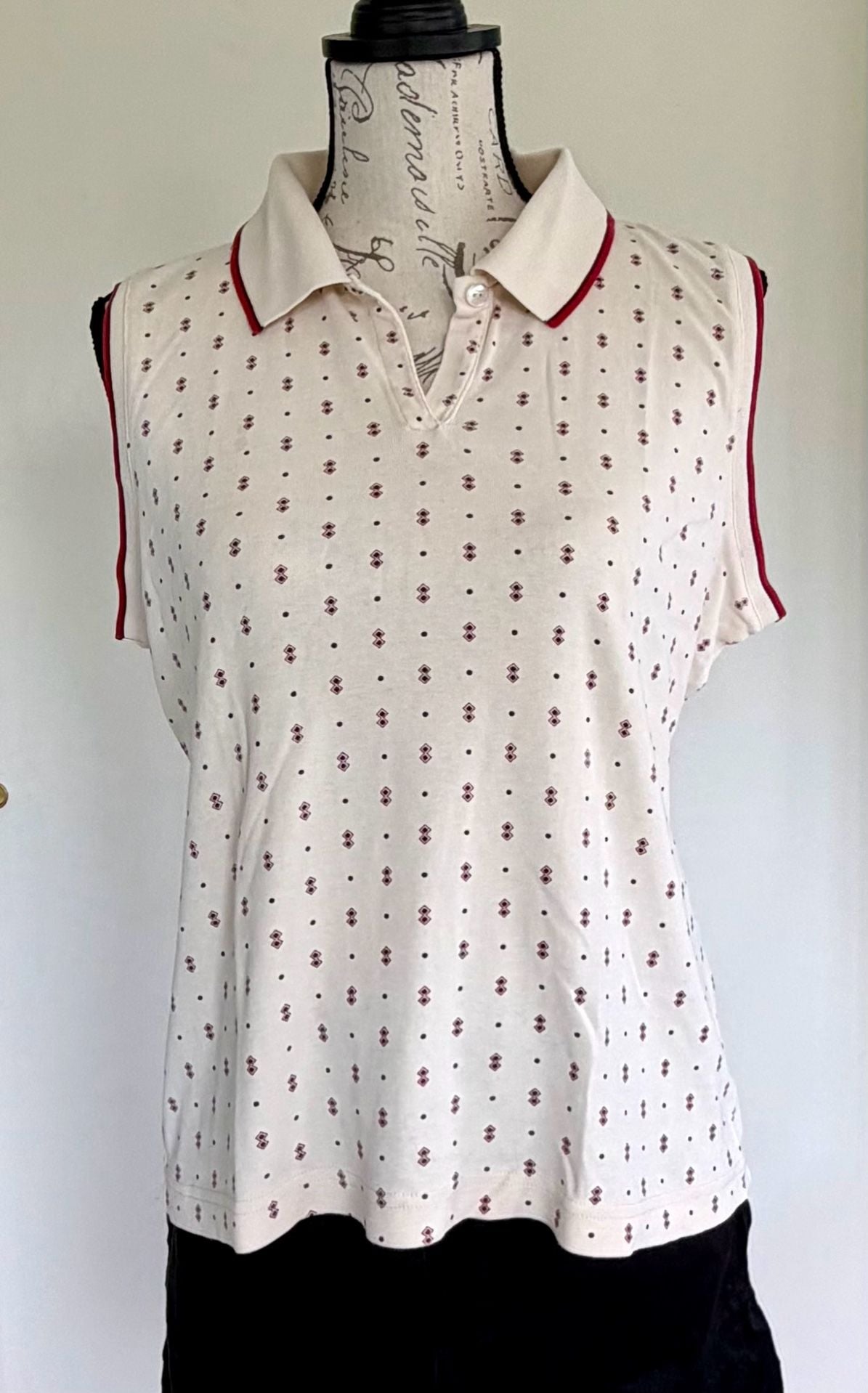Lizgolf Women’s Sleeveless Polo Cream Geometric Print Golf Shirt Medium 14