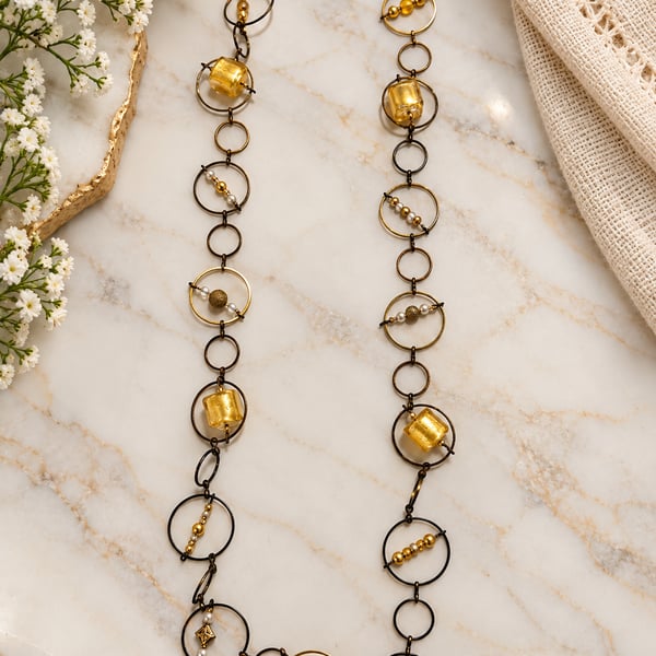 VIntage Handcrafted Mini Vertigo Necklace Gold Brass Bead Link