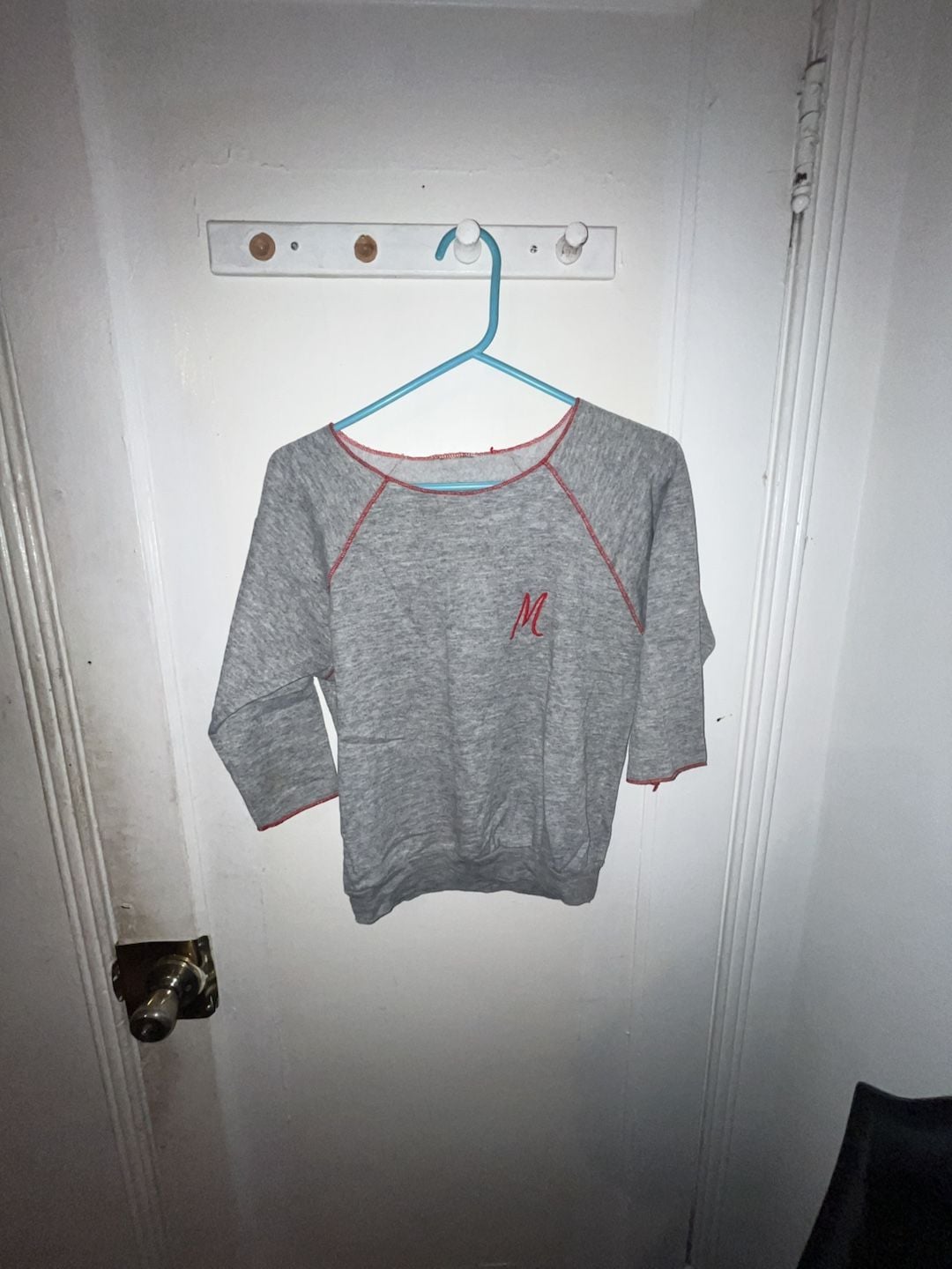 Vintage Grey Cropped Sweatshirt with Red Stitching and M Monogram 2