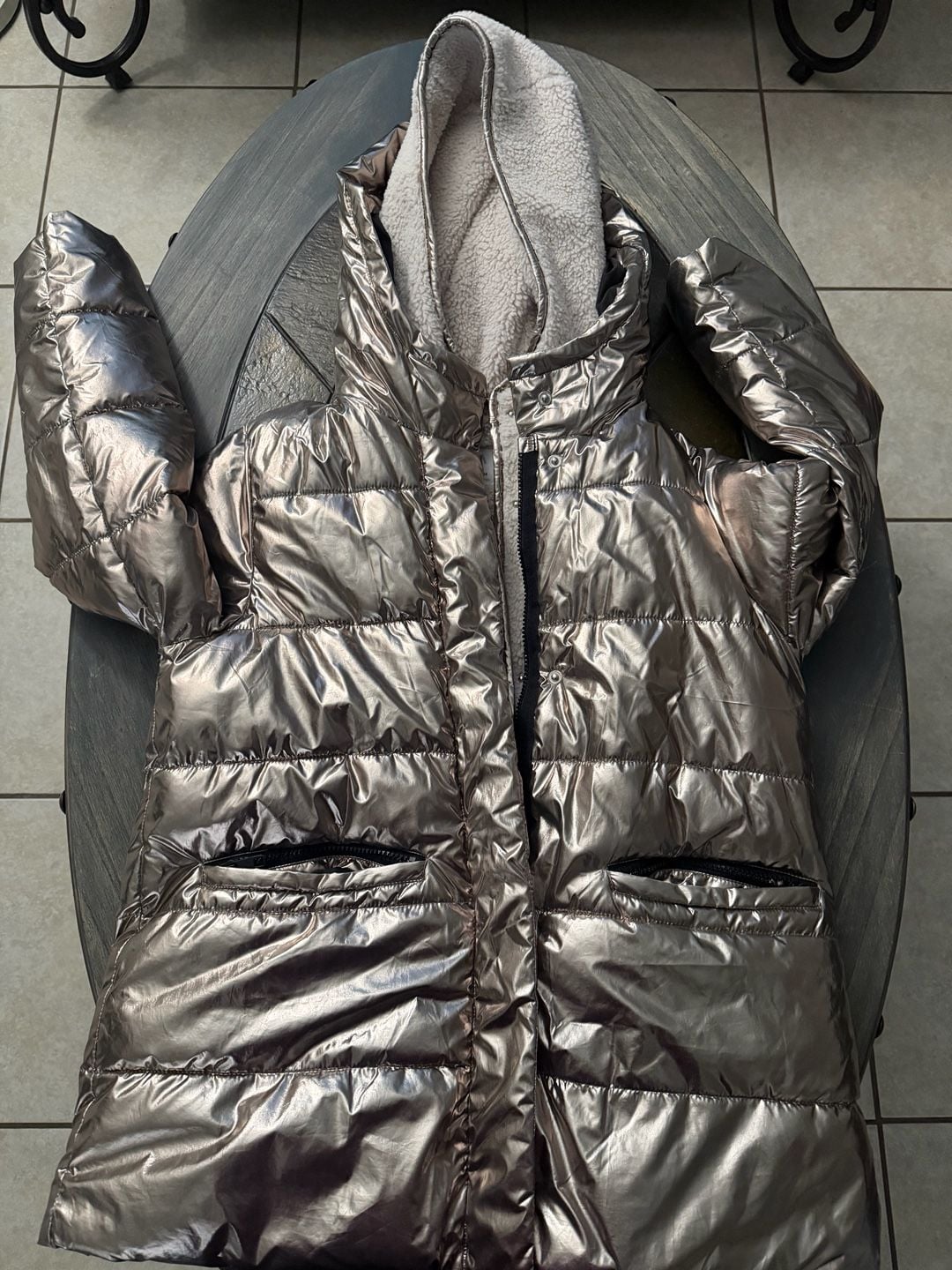 Zara Puffer Jacket kids 13-14 Metallic Silver Sherpa Hood 2