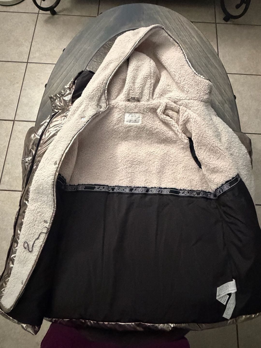 Zara Puffer Jacket kids 13-14 Metallic Silver Sherpa Hood 4
