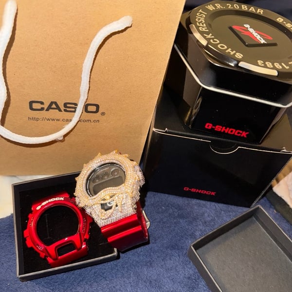 Casio G-Shock DW-6900 Moissanite Bezel Watch Red Strap