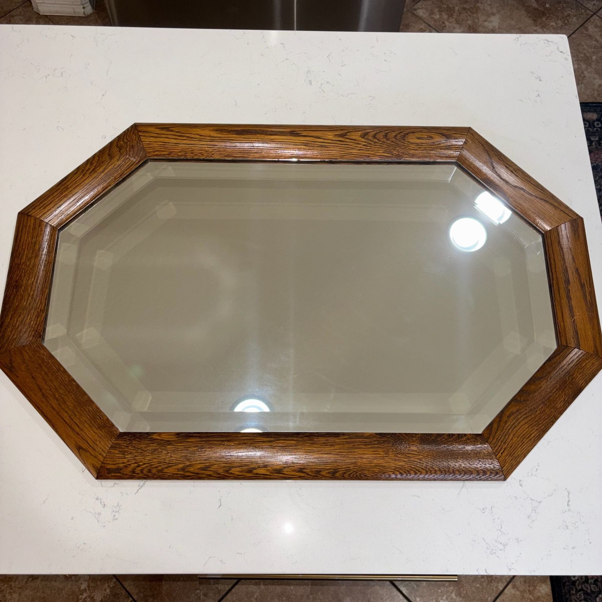 Vintage Oak Framed Octagonal Beveled Wall Mirror 28”x18” 1