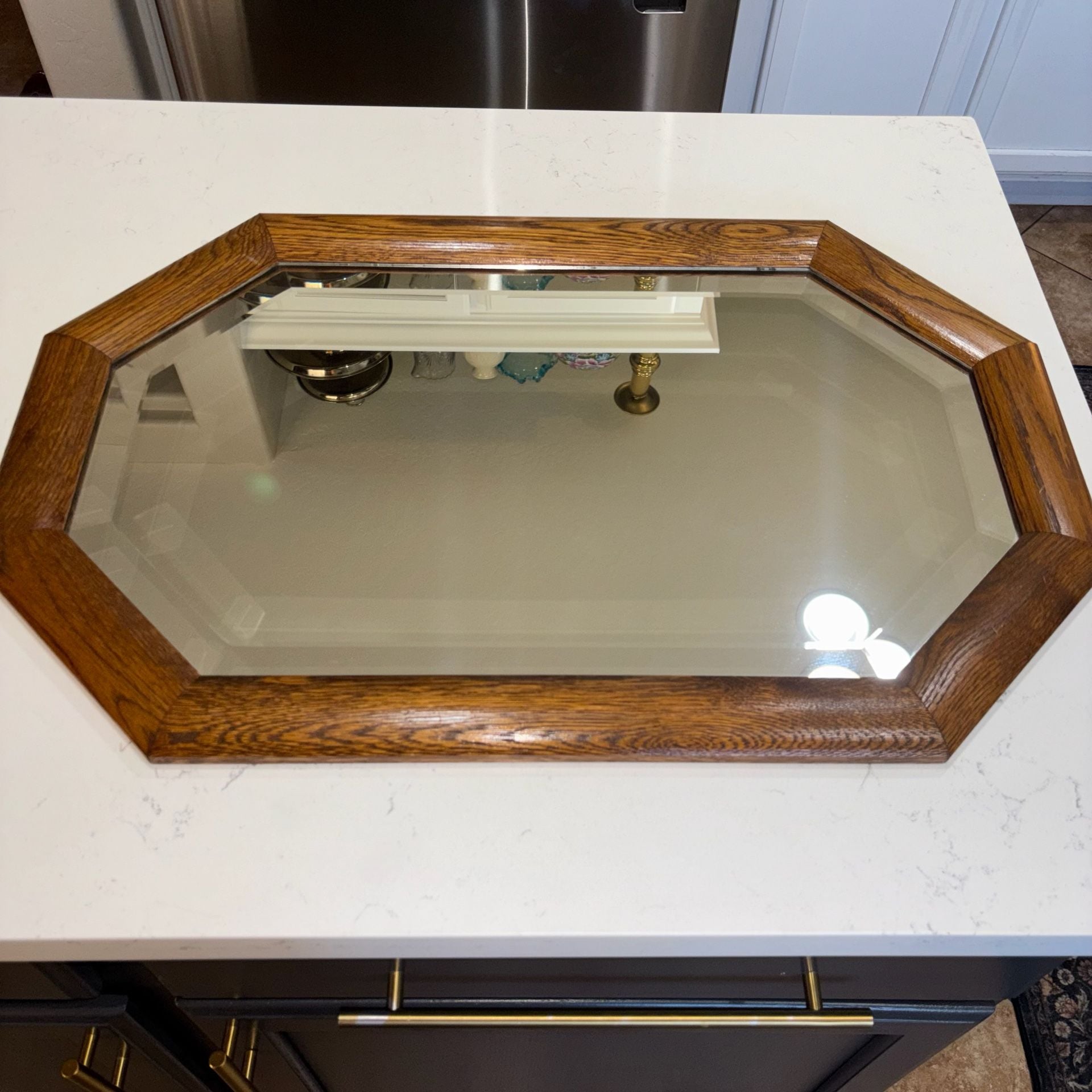 Vintage Oak Framed Octagonal Beveled Wall Mirror 28”x18” 2