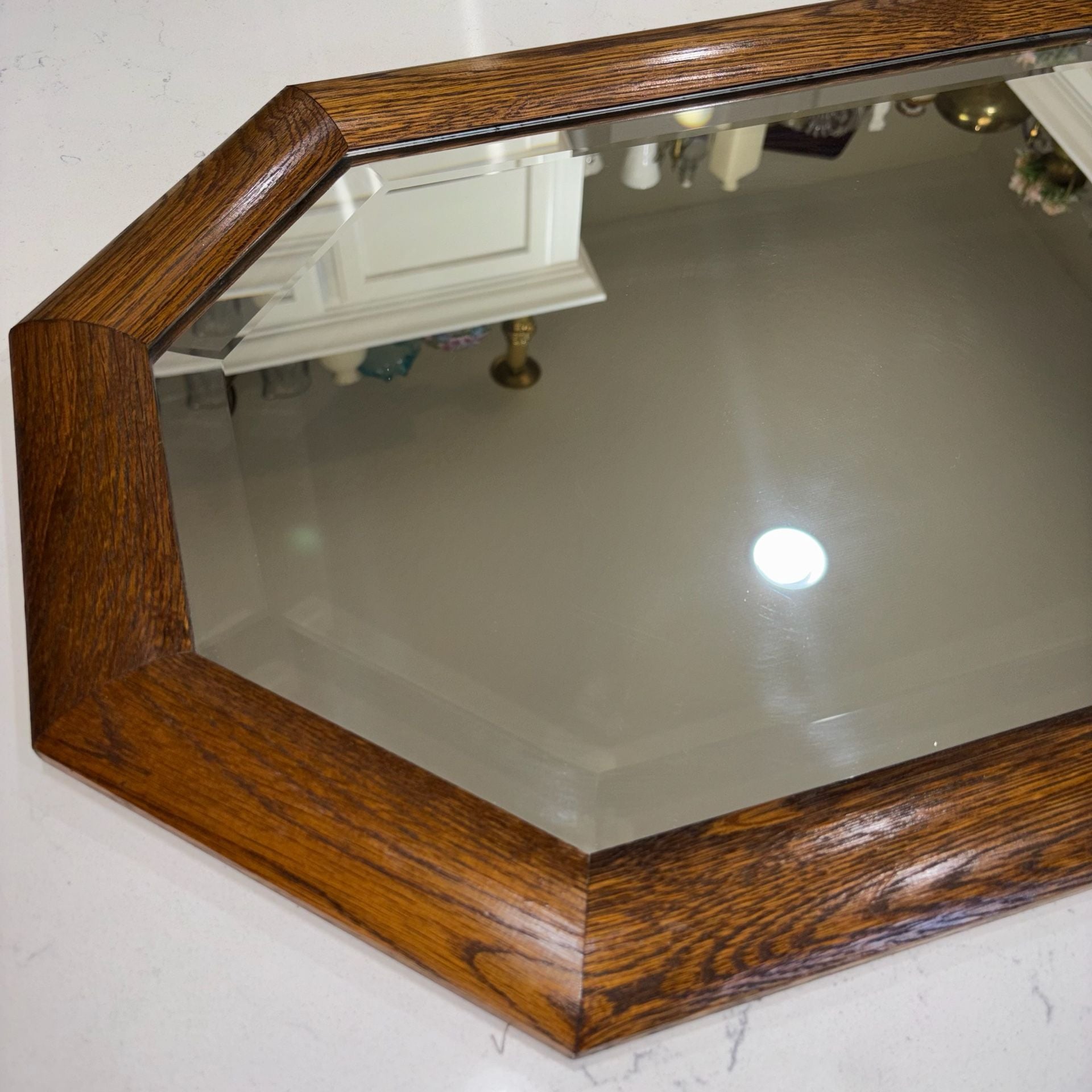 Vintage Oak Framed Octagonal Beveled Wall Mirror 28”x18” 3