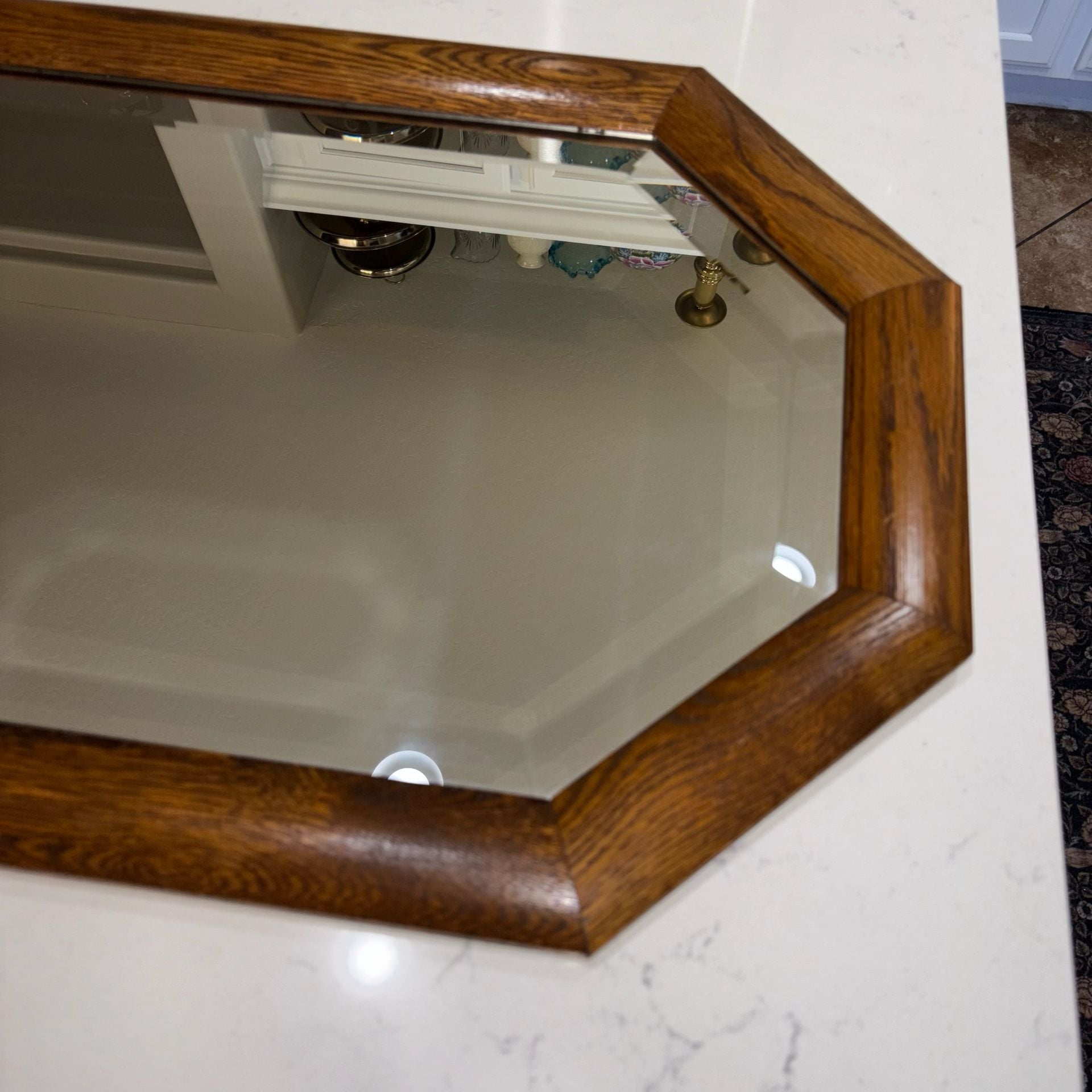Vintage Oak Framed Octagonal Beveled Wall Mirror 28”x18” 4