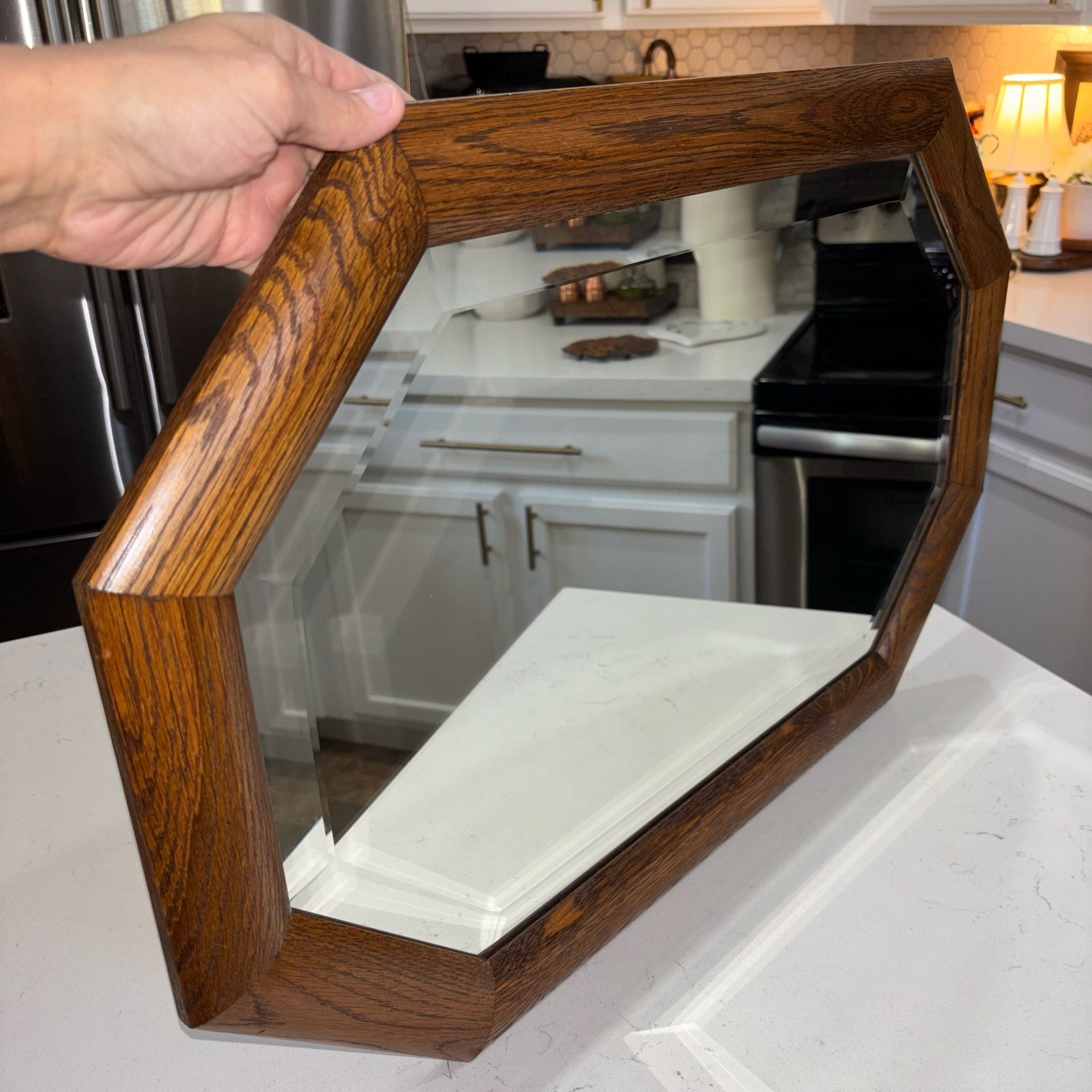Vintage Oak Framed Octagonal Beveled Wall Mirror 28”x18” 5