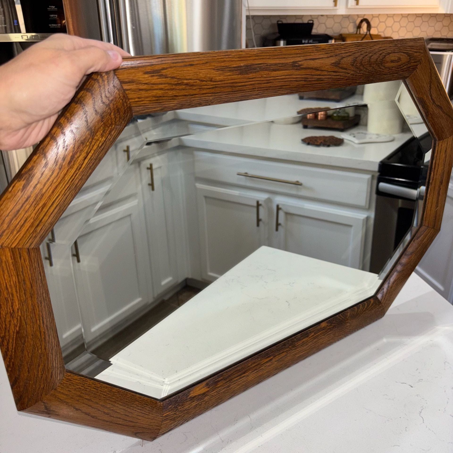 Vintage Oak Framed Octagonal Beveled Wall Mirror 28”x18” 6