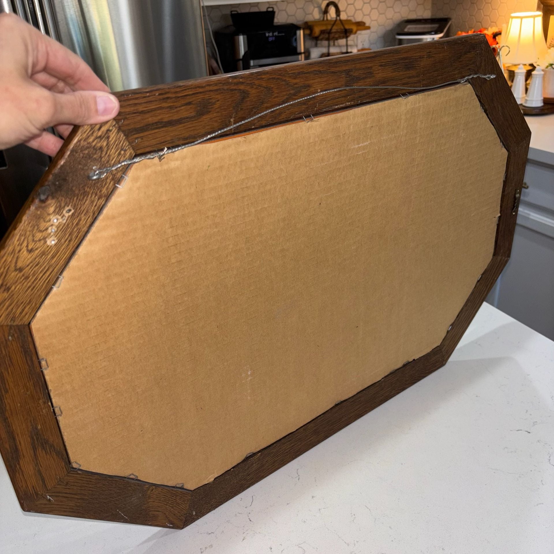 Vintage Oak Framed Octagonal Beveled Wall Mirror 28”x18” 7