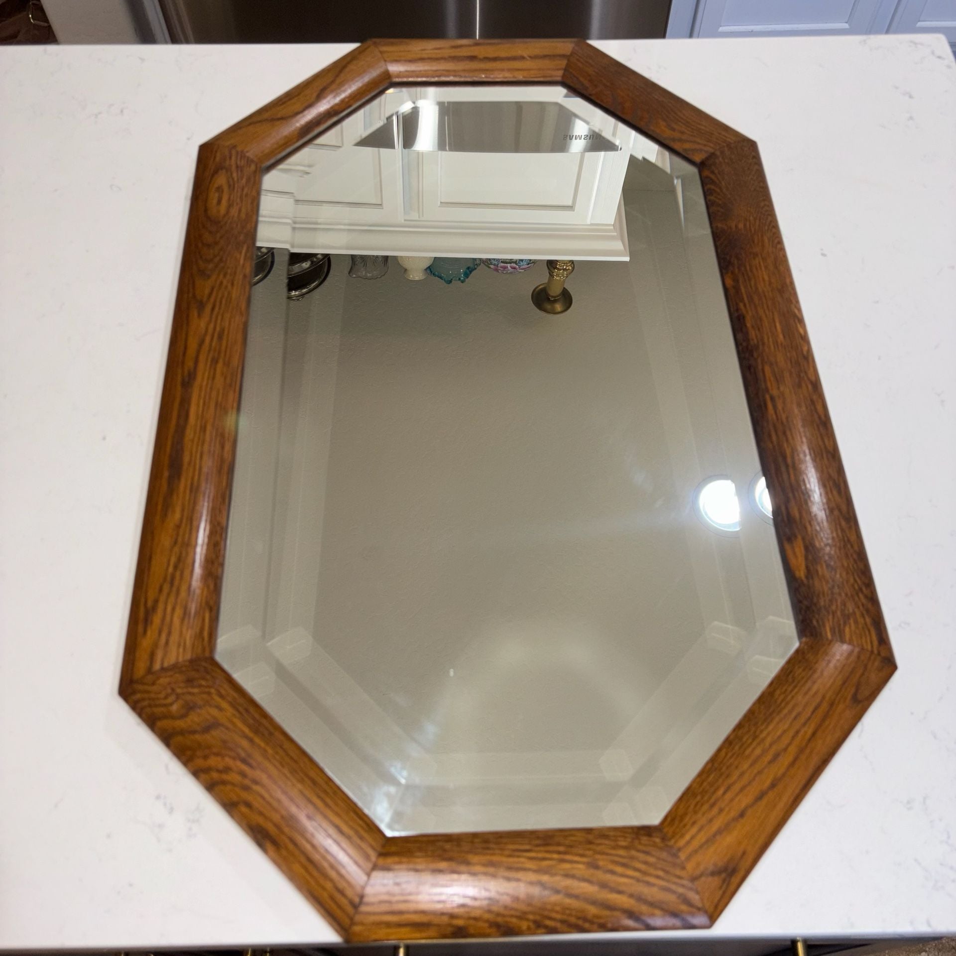 Vintage Oak Framed Octagonal Beveled Wall Mirror 28”x18” 9
